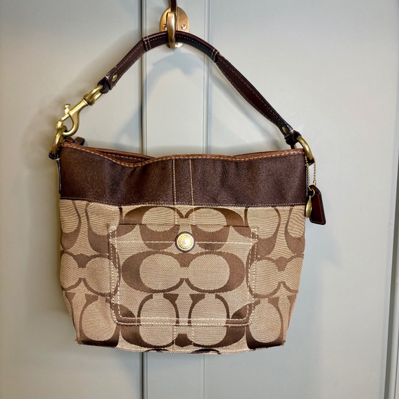 Vintage Coach Brown Signature Jacquard & Leather Strap Logo Hobo Bag - Picture 1 of 11